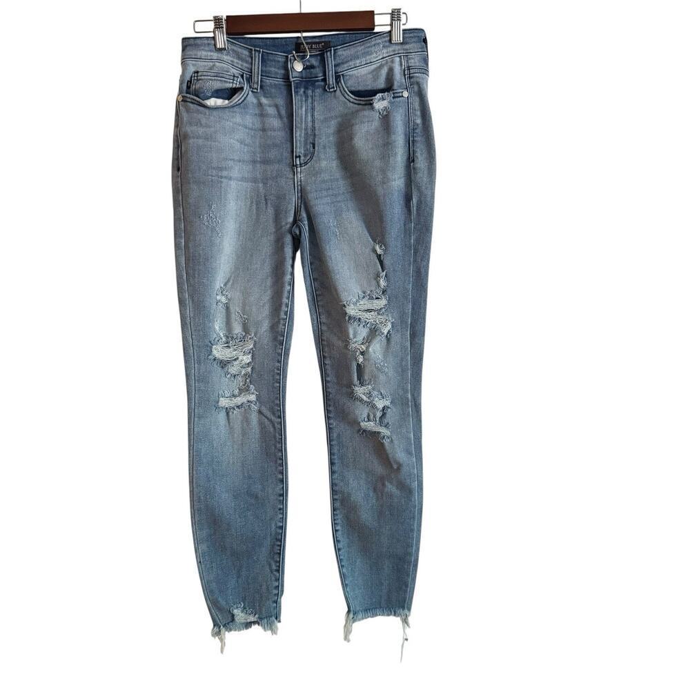 Judy Blue Women’s Skinny Jeans Size 9/29 Distressed Light Wash Raw Hem Mid Rise